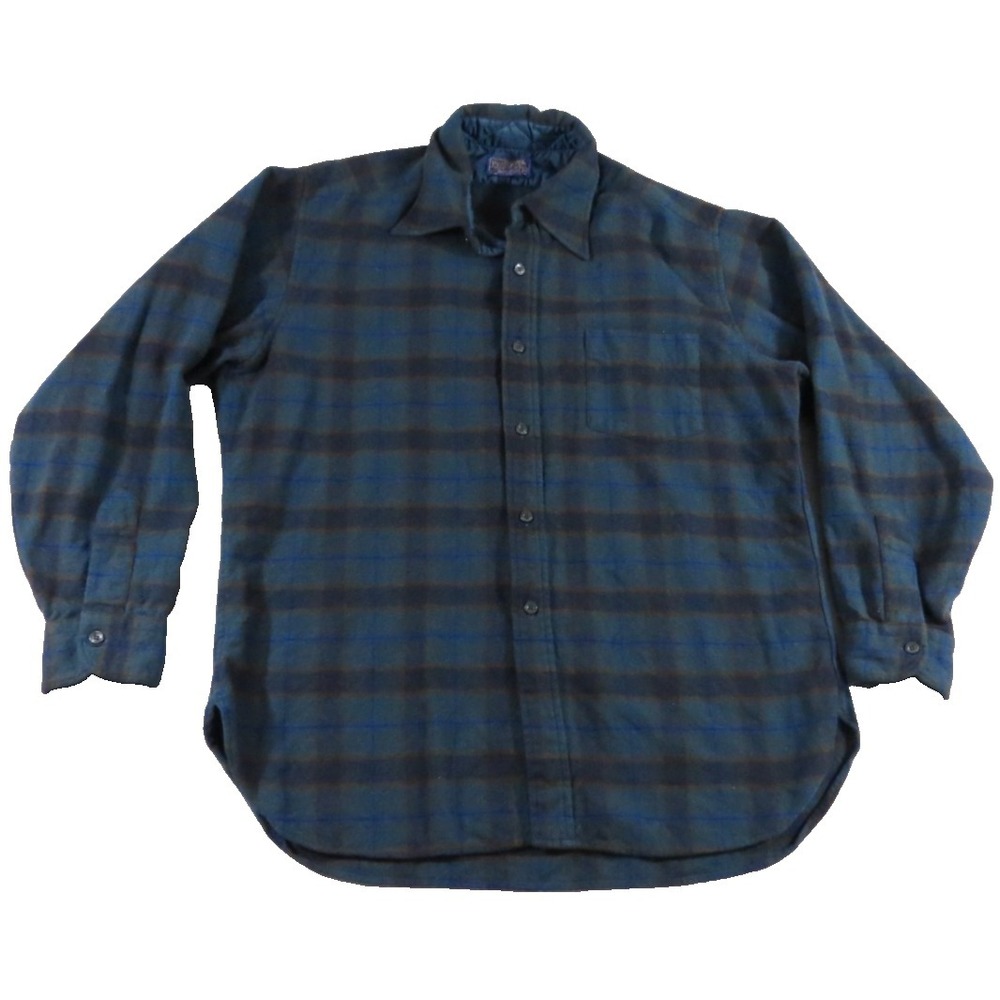 VTG 50s Pendleton‎ Wool Flannel Board Shirt Mens XL Blue Shadow Plaid Loop Flaw